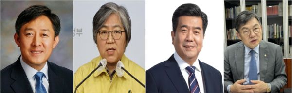 (왼쪽부터) 양성일 전 보건복지부 제1차관, 정은경 더불어민주당 중앙선거대책위원회 총괄선대위원장, 강청희 전 국민건강보험공단 급여이사, 김윤 의원.