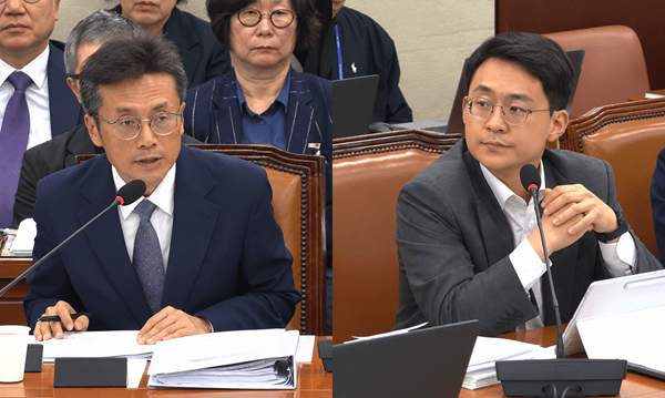 박지원 의원은 AI를 활용한 허위·과장 건강정보가 버젓이 유통되고 있는 상황에 대해 우려를 표하며 김헌주 한국건강증진개발원장(왼쪽)에게 기관의 모니터링과 시정조치 권한을 강화할 필요성이 있다고 지적했다.&nbsp;