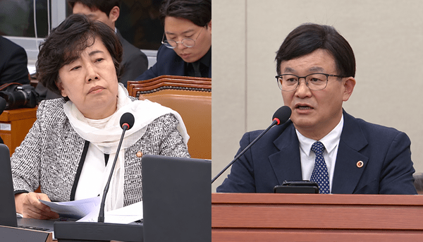 조배숙 의원(왼쪽)은 참고인으로 출석한 김재현 대한산부인과의사회장(오른쪽)에게 미프진 도입에 관한 임상현장의 견해를 물으며 반대 입장을 재확인했다.&nbsp;