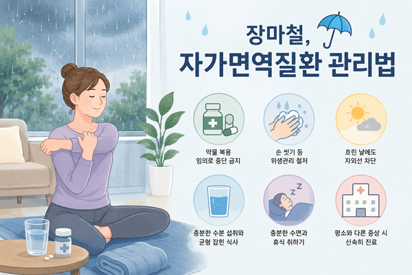 자가면역질환자는 장마기간 통증에 더욱 민감해지고 컨디션도 저하되기 쉽다. 꾸준한 약물 복용과 함께 실내 스트레칭, 균형 잡힌 식사 등으로 건강을 관리하는 것이 좋다(사진=AI 생성 이미지).&nbsp;&nbsp;