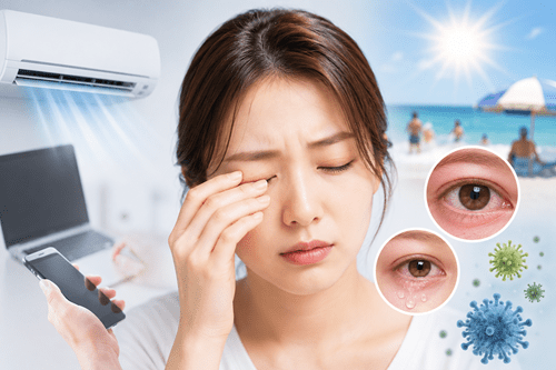 여름에는 안구건조증과 결막염이 동시에 발생하는 데다 서로 영향을 주고받으며 증상을 키울 수 있다. 눈의 뻑뻑함과 이물감, 충혈 등의 증상을 가볍게 넘기지 말고 초기에 대처하는 것이 중요하다(사진=AI생성 이미지).&nbsp;