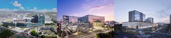 고려대의료원 산하 안암, 구로 안산병원이 모두 '세계 최고의 친환경 병원'에 선정됐다. 산하 모든 병원이 동시에 선정된 곳은 고려대의료원이 유일하다. (왼쪽부터) 고려대안암·구로·안산병원 전경.