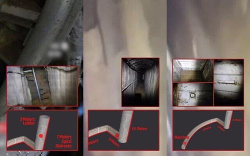 이스라엘군이 공개한 가자지구 알시파 병원 내 하마스 땅굴 내부 모습과 위치도.