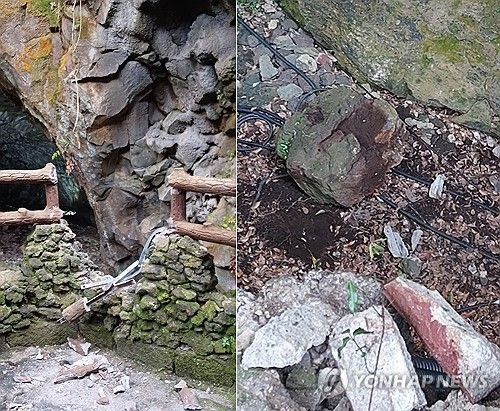 만장굴 낙석과 파손된 난간