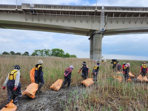 쓰레기를 끌고 이동하는 직원들