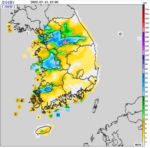 11일 낮 12시 5분까지 일강수량 분포도. [기상청 제공. 재판매 및 DB 금지]