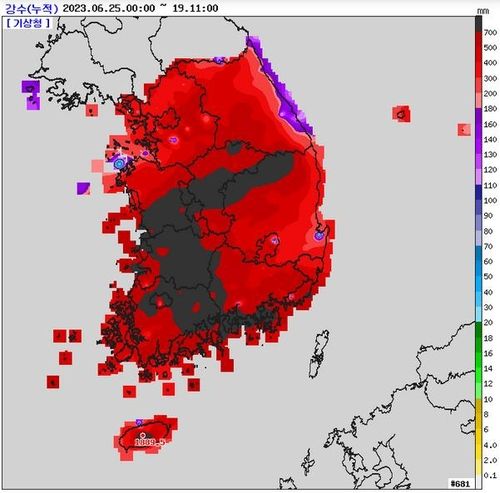 지난달 25일부터 이달 19일 오전 11시까지 누적 강수량 분포도. [기상청 제공. 재판매 및 DB 금지]