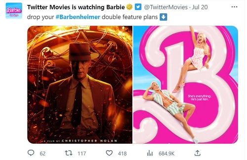 분위기가 대비되는 영화 '오펜하이머'(왼쪽)와 '바비'(오른쪽) 포스터