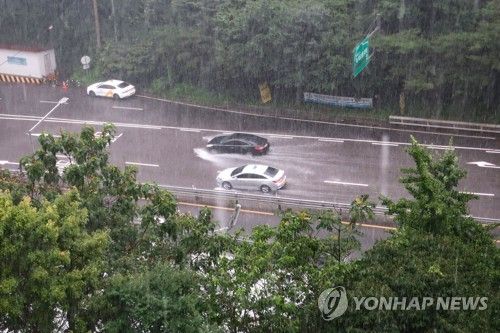 비를 뚫고 달리는 차들