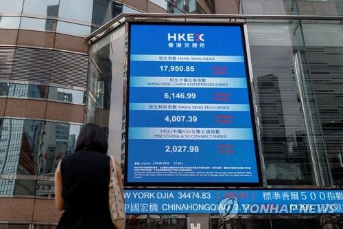 홍콩 증권거래소 앞 항셍지수 전광판
