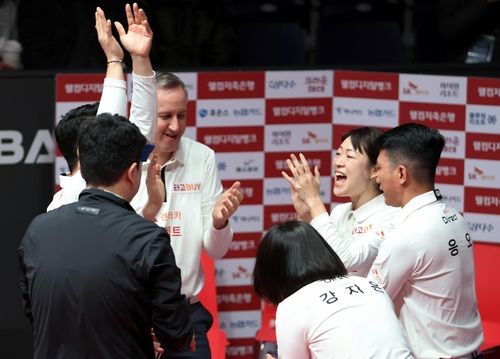 승리에 환호하는 SK렌터카 선수단