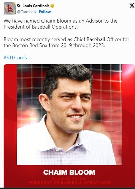 세인트루이스 구단 자문으로 위촉된 체임 블룸