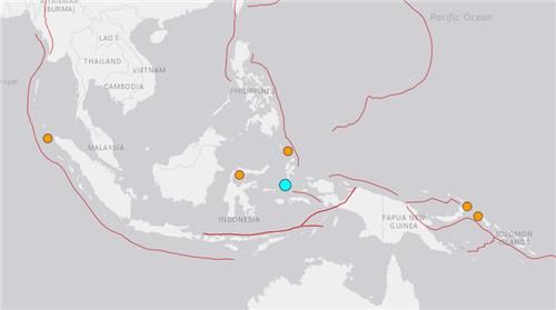 하늘색으로 표시된 지진 발생 지역