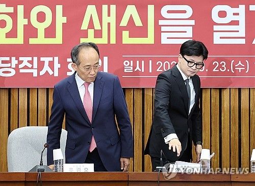 확대당직자회의 참석한 한동훈 대표와 추경호 원내대표