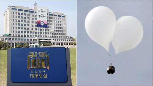 용산 대통령실 청사와 북한 쓰레기 풍선