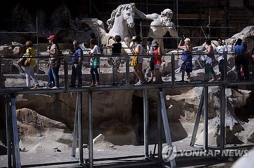 2014년 간이 통로를 지나며 트레비 분수를 감상하는 관광객들