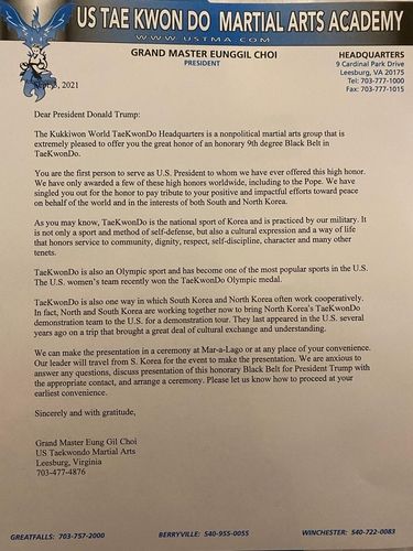 최응길 국기원 버지니아주 지부장이 트럼프에게 보낸 편지