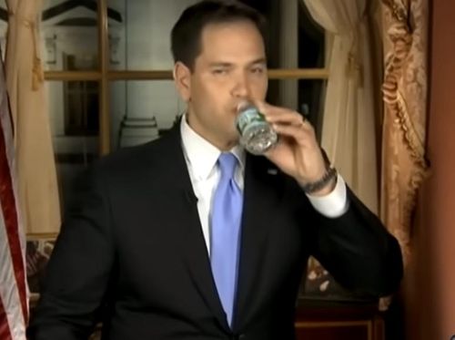 오바마 국정연설 반박 중 갑자기 물을 마시는 루비오