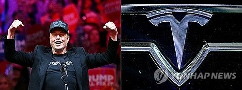 일론 머스크 테슬라 최고경영자와 테슬라 로고