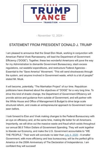 정부효율부(DOGE) 수장에 내정된 소식을 전하는 머스크의 SNS