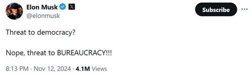 일론 머스크가 12일(현지시간) 엑스에 올린 글