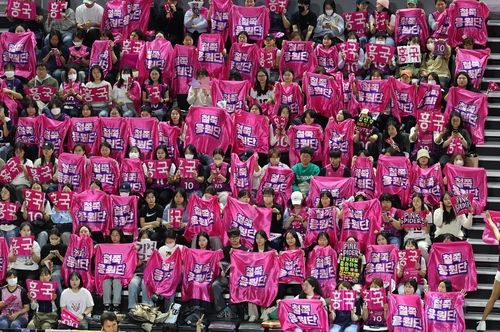 분홍색 보자기 응원을 펼치는 흥국생명 철쭉 응원단