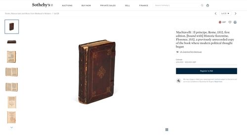 소더비 홈페이지의 마키아벨리 '군주론' 경매 물품 소개