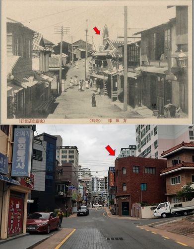 울산 최초 극장 상반관 모습이 담긴 엽서 사진(위)과 현재 같은 장소의 모습(아래).