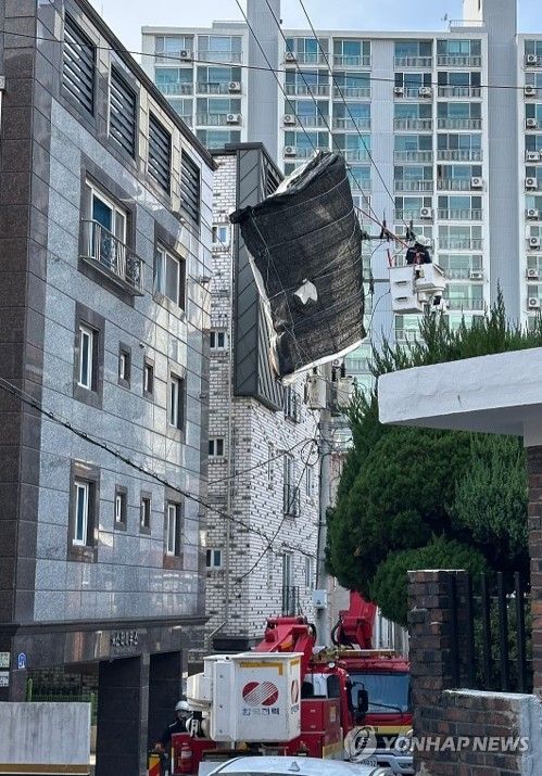 바람에 날아간 차광막 전신주에 걸리며 정전사태