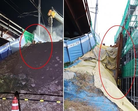 흙막이 가시설(왼쪽은 시공 직후, 오른쪽은 현재)