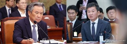 국정감사에서 답변하는 이기흥 대한체육회장(왼쪽)과 정몽규 축구협회장