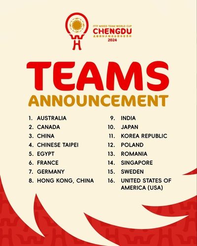국제탁구연맹 혼성단체 월드컵 참가 16개팀 