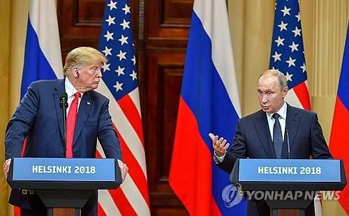 2018년 푸틴과 정상회담 후 회견하는 트럼프