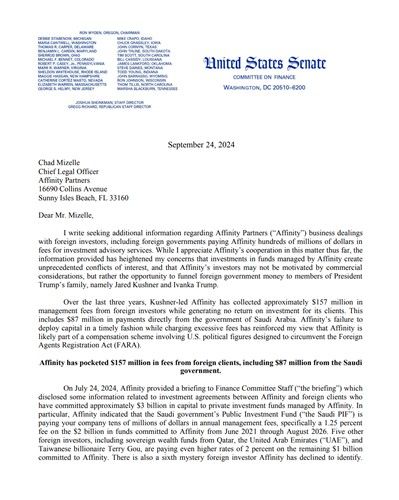 미국 상원 재무위원장의 어피니티 파트너스 앞 서한 