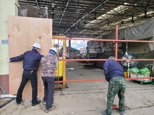 합판 대는 작업자들 