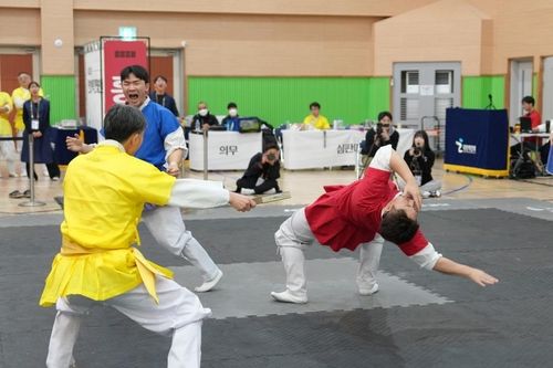 천하택견명인전에서 박진영(중앙 청색 상의) 경기 장면