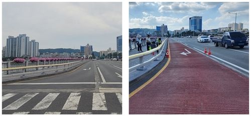 진주시 희망교사거리 횡방향 그루빙 설치 전(좌)·후(우)