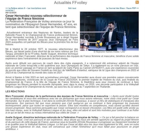곤살레스 여자대표팀 감독 선임을 전한 프랑스배구협회