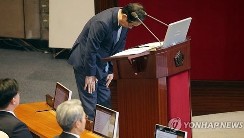 본회의서 고개숙인 한덕수 국무총리