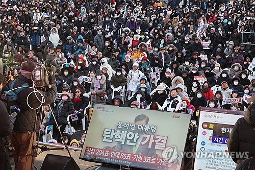 탄핵안 가결 지켜보는 보수단체 집회