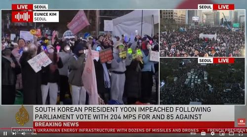 윤 대통령 탄핵 소추 가결 소식 전하는 알자지라 방송 화면