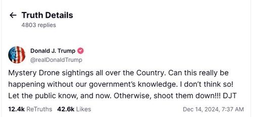 드론 격추를 주장한 도널드 트럼프 미국 대통령 당선인의 트루스소셜