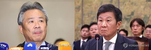 이기흥 대한체육회장(왼쪽)과 정몽규 축구협회장