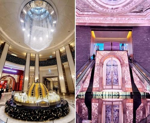 파라다이스시티 로비(왼쪽)와 인스파이어 에스컬레이터(오른쪽).