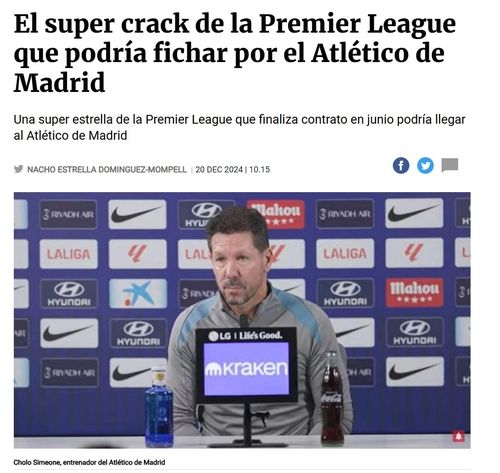 손흥민의 '아틀레티코 마드리드 이적설'을 보도한 스페인 페차헤스 홈페이지 화면