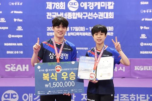 종합탁구선수권 혼복에서 우승한 조승민(왼쪽)과 주천희