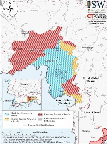 러시아 쿠르스크 전황. 붉은 색은 러시아의 탈환, 노란색은 러시아의 탈환 주장, 푸른색은 우크라이나의 점령 지역. [전쟁연구소 일일 보고서 캡처. 재판매 및 DB 금지]