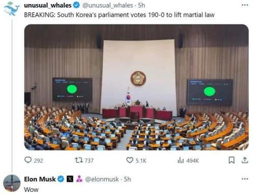 한국 비상계엄 관련 국회 소식에 일론 머스크가 엑스에 올린 게시물 