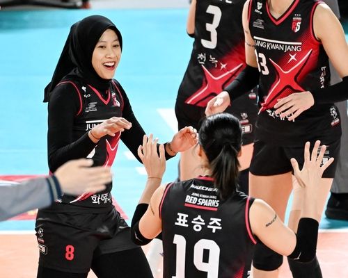 득점 후 기뻐하는 정관장 선수단