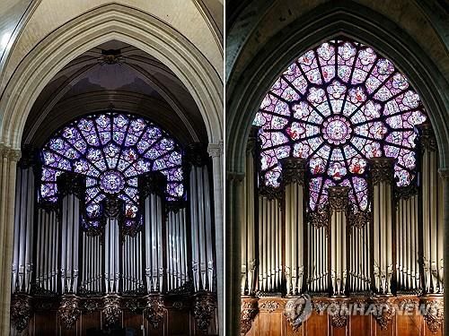 복원 후의 대성당 서쪽 장미창(왼)과 화재 전 같은 장미창 모습 